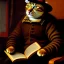 Placeholder: oil portrait of a cat with hat reading a book in a living room with fireplace and smoking a pipe by Diego Velázquez 8k