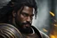 Placeholder: portrait of a handsome 35 year old warrior, black skin, looking like kahl drogo, long dark hair in a queue, powerful, in armor, red, yellow eyes
