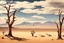 Placeholder: clouds, arid land, distant mountains, dry trees