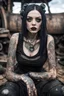 Placeholder: Closeup tall girl goth many tattoos on his face with big eyes, ragged clothes, sit pose,fullbody, dieselpunk, valves and old cars behind, the perspective looking up from the bottom of an empty well , 8k,macro photography,