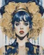 Placeholder: Poster in two gradually, a one side the Singer Danish MØ face, and other side the Singer Melanie Martinez face, symmetry, painting by Yoji Shinkawa, darkblue and gold tones,