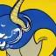 Placeholder: Ukiyo-e style illustration of blue and yellow Bighorn Ram holding a football