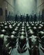 Placeholder: Bosch painting style ,nightmare, a lot of aliens prisoners sitting on the floor and bowing their heads down on the ground in rows with hands tight to the back and heads down in front of you with many arms guards with weapons in the background