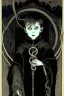 Placeholder: 7 year old boy, necromancer, friendly, looks dead,with a lamprey serpent , wearing black robes, in the style of Harry Clarke