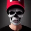 Placeholder: stunning disney Pixar cartoon, cartoon grumpy skull, full shot, confused eyes, realistic eyes, beautiful perfect symmetrical face, extremely detailed, ultra hd, hdr, 8k, cinematic, dramatic lighting, Stanley Artgerm Lau style, beautifully color-coded,studio Portrait Lighting, illuminated face, golfers hat, hair sticking out of hat, plain black background, no gradient color