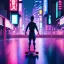 Placeholder: photo of a ninja riding a skateboard; in an alternate universe in tokyo; cyberpunk; realistic; rain; neon signs