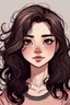 Placeholder: draw me a brunette girl with semi-Asian brown eyes ,a small,full,pink mouth,a defined nase,a medium-sized foehead,medium-length black hair,and medium cheeks and thin eyebrows.and curly hair