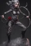 Placeholder: female gray skin, Shadar-Kai wielding a Whip made out of black thorns, clothes with a dark rose theme