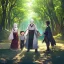 Placeholder: Girl with white hair. Boy with black hair wearing peasant clothes. Forest path background