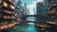 Placeholder: Water-level view of buildings made of reused dirty rusty metal on a futuristic canal junction, cyberpunk, many painted colours, flying boats, balconies, bridges, people, shopping, eating, walking, fifth element, ghost in the shell, altered carbon