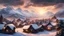 Placeholder: Hyper Realistic village cloudy sunset & snowy mountains
