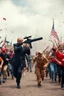 Placeholder: Thousand of people are running scare toward the camera afraid of a big Donald trump with a machine gun