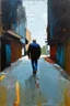 Placeholder: Abstract of a distant Man walking down empty street minimalist art in the style of Paul Klee with grunge textures and heavy impasto textures