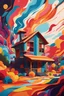 Placeholder: A colorful dream home, trees, balloons, cartoon style