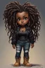 Placeholder: create a EXPRESSIVE OIL PAINTING image of a curvy size chibi dark skinned Black female wearing a black jean outfit with timberland boots. Prominent make up with brown eyes and lush lashes. Highly detailed dread locs