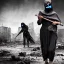 Placeholder: women, faces covered in black masks, ragged clothes, holding flag, war-torn, destroyed city in the background, 8k resolution, hyperrealistic, detailed matte painting, b&w, dynamic lighting, war, anarchy, terrorists, sepia