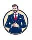 Placeholder: A circular logo with a vector of a groom in a suit at the top of the logo in a blue, red, white and gold color theme.