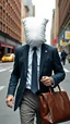 Placeholder: A man with suite carrying a business bag walking in the new York street , his head is a covered with white pillow sheets with no eyes nose or mouth