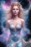 Placeholder: Create an image of a full body cosmic Goddess. The goddess should be depicted as a beautiful and powerful figure, surrounded by cosmic stars. Her hair should be long, blond and flowing, and she should be dressed in a flowing gown blue celestial robe. In the background, include imagery of pink flowers, blue sky,trees. The image should evoke a sense of joy, celebration, and spiritual connection to nature.