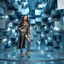 Placeholder: make a picture pretty stage made of metallic blue-gray teme 3d fractal recursive cubic and sphere base structures and a beautiful fashion model lady posing with cute,with NYC Style clothing,siver high heels ,makeup curvy long hair,dynamic camera zoom to full body and pan, dynamic lights.