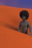 Placeholder: 3D render of a cyberpunk tribal young black man, black afro hair, ragged shirt, on a orange dune background, digital art