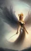 Placeholder: Female angel with beautiful perfect face big wings and golden crown floating above the ground in the dark enviroment, anatomically correct, michelangelo style, detailed, world of warcraft style, dark forest, trees, painting, brush strokes, 8k, dark forest in the background, epic scene, epic painting