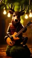 Placeholder: portrait of hairy rock guitar ninja deer living inside a tree house in a hollow huge tree growing light bulbs, singing into ornate studio mic,bokeh like f/0.8, tilt-shift lens 8k, high detail, smooth render, down-light, unreal engine, prize winning