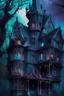 Placeholder: Gothic Victorian era witch manor, haunted looking and dark Aesthetic and pleasing to the eyes, and colorful exterior