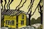 Placeholder: A pale ivory yellow district with a voodoo house in a thunderstorm painted by Roy Lichtenstein