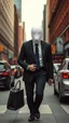 Placeholder: A man with suite carrying a business bag walking in the new York street , his head is a covered with white no eyes nose or mouth
