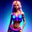 Placeholder: Shakira, artist, 30 years old, Realistic image, waist up portrait, etro style dress. Blonde, feathers, loose long hair, eyes make up, perfect, glow, circle iris. Neon colors, leds, geometric shapes. Dark background, photo studio, neon lights. Cyberpunk, concept art, smooth, unreal engine 5, god lights, ray tracing, RTX, lumen lighting, ultra detail, volumetric lighting, 3d, finely drawn, high definition, 4k.