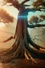 Placeholder: Cyberpunk theme, portrait of Oak tree roots holding man inside, misty sunny day, close-up portrait, symbios