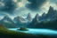 Placeholder: clouds and mountains near water, science fiction landscape, photography, ultra hd 4k, hyperrealism