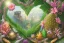 Placeholder: Tropical flowers, realistic heart drawing, crystals, tropical leaves, sacred altar, Fantasy home, cute animal.