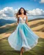 Placeholder: full-body closeup shot of a young, beautiful girl with a perfect face and makeup,wearing pretty dance dress standing in a stage in open air nice hills , blue sky ,pretty clouds at distant