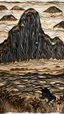 Placeholder: A dark brown prehistoric dry mountain with tar pits designed in Chinese paper art painted by Edvard Munch