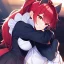 Placeholder: Clear Focus, High resolution, wearing a maid uniform, fluffy hair and a long ponytail, blue hair, cat ears, meowing, hugging another girl with red long fluffy hair also wearing a maid outfit