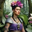 Placeholder: [high res photo by Ray Harryhausen] Frida Kahlo as a tattooed Viking warrior: she delicately picks the orchid flower with her mystical allure and enchanting fragrance. They are in a hidden garden deep within the heart of a mystical forest, where orchids bloom in a riot of hues - from deep purples to dazzling whites, each blossom a work of art crafted by nature's hand.