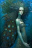 Placeholder: A beautiful girl and a colorful peacock with long curly hair , full body , front view . decayed and rotting with grotesque proportions and imagery. grotesqueries, detailed texture, surreal horror, biomechanical design, by hr giger and beksinski , on blue color