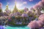 Placeholder: gold blue pink crystal russian PALACE, swanns,waterfall, BLUE LAKE, SWANNs,fuksia bugainvillier flowers, jacaranda violet trees, sky pink blue, full of details, smooth, bright sunshine，soft light atmosphere, light effect，vaporwave colorful, concept art, smooth, extremely sharp detail, finely tuned detail, ultra high definition, 8 k, unreal engine 5, ultra sharp focus