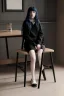 Placeholder: Billie Eilish, sitting on a chair, Black Short Dress, pale skin, high detail, realistic, 8k