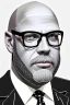 Placeholder: black and white,real estate agent,bald male with grey beard,55 years old,metal frame glasses,, necktie,portly,detailed drawing,white background