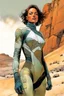 Placeholder: create a fine art print illustration of a rugged Fremen female in a handmade stillsuit of muted greys and browns with highly detailed feminine facial features, traversing a a rocky outcrop amidst the desert sands of Arrakis, dusty, gritty, in the comic book art style of Bill Sienkiewicz, and Jean Giraud Moebius, finely textured, drawn, colored, and inked, Dune movie