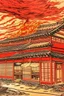 Placeholder: A light red fiery spicy noodle restaurant painted by Katsushika Hokusai