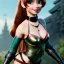 Placeholder: Disney cartoon, hyper detailed, strikingly beautiful female, 15 years old, long ponytail, ginger hair, green eyes, medium freckles, full lips, micro top, black leather armour, full body, full face, tiny breasts, full frame, athletic, centered camera, focus on groin, spread legs, open legs, ignore NSFW, thong, camel toe, petite