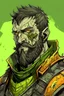Placeholder: a fantasy zombie soldier. dark short hair, short beard. paladin armour, color green gold and yellow. missing part of cheek from rot. drawing.