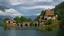 Placeholder: small gothic medieval house built into a rock face, lake, trees, arches, bridge, foliage, balconies, verandas, blue sky, white clouds