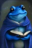 Placeholder: a happy blue toad wearing a black shawl and holding a magic book