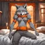 Placeholder: back to the camera an anthro wolf woman just in gray body hair lies down in bed , an gray hairy anthro wolf standing by a wooden bed in t-shirt and pant and he ties an orange belt around his waist, , detailed, in blur background massive wooden room, anthro sci-fi, fantasy mood, digital art