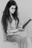 Placeholder: Pencil sketch of Young woman, Arab features,sad, long wavy hair, reading a book, full body، on lined paper